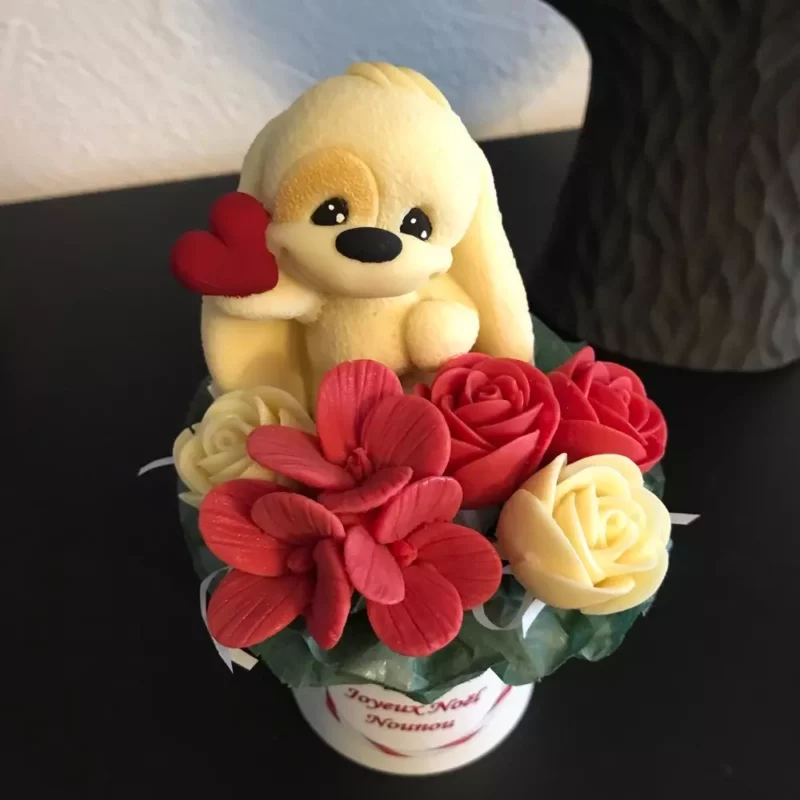 Petit bouquet avec figurine de chiot en chocolat