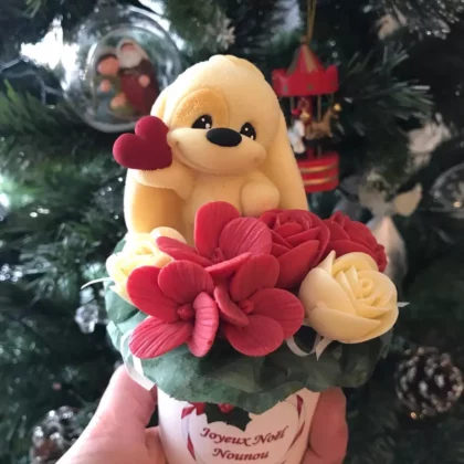 Petit bouquet avec figurine de chiot en chocolat