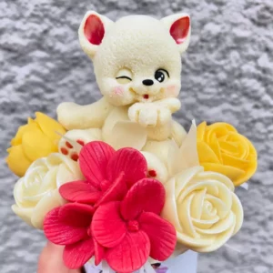 Petit bouquet avec figurine de chat en chocolat